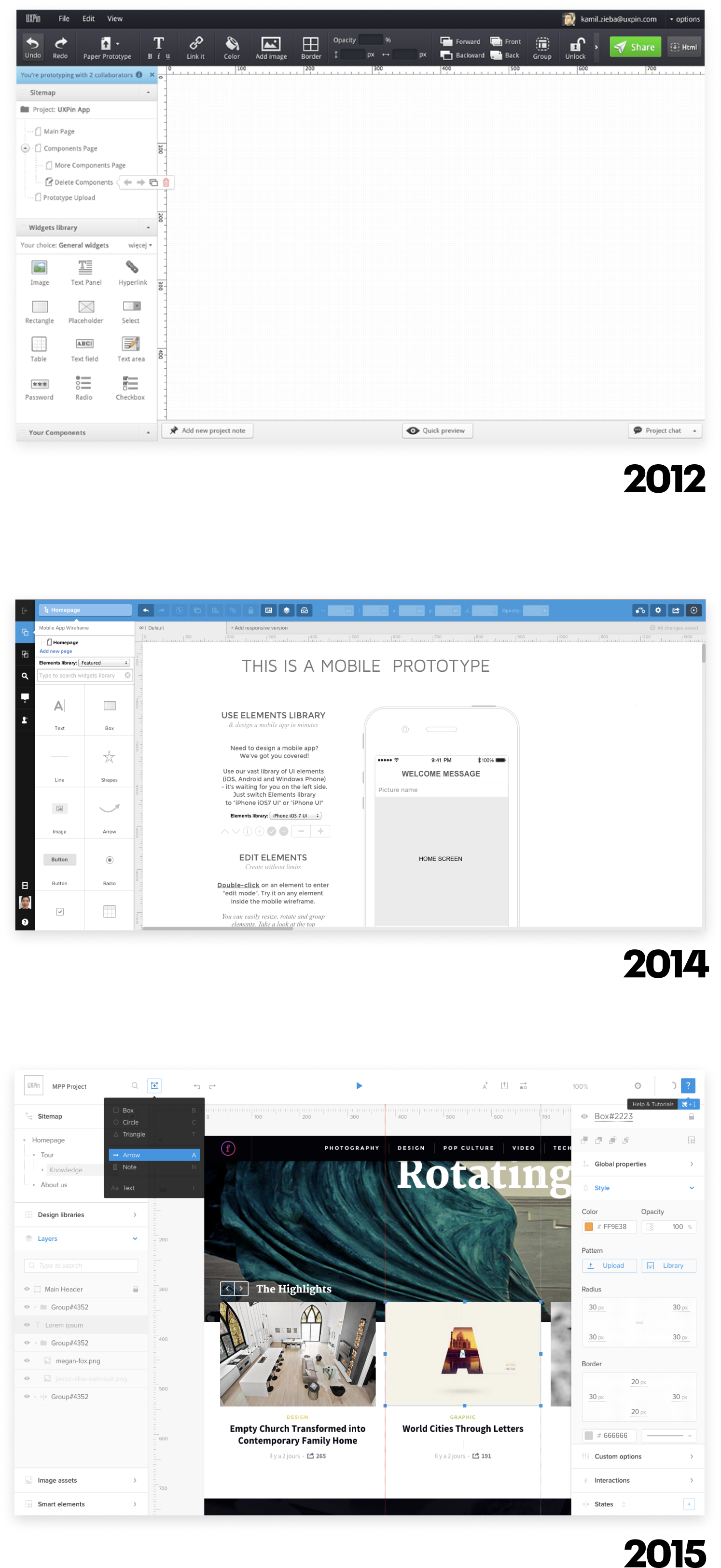 Different iterations of UXPin interface since 2010